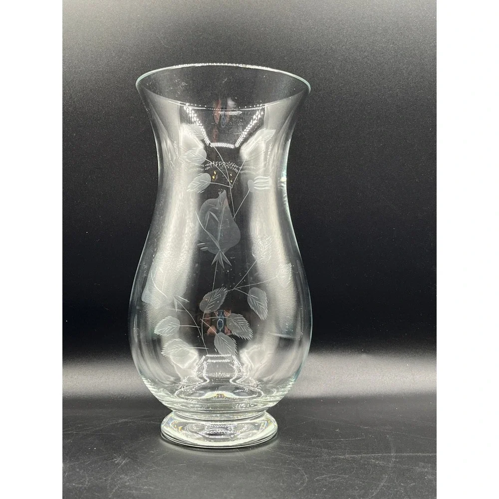 Clear Glass Vase Etched Floral Rose Leaves Footed‎ Pedestal Base Home 9.5